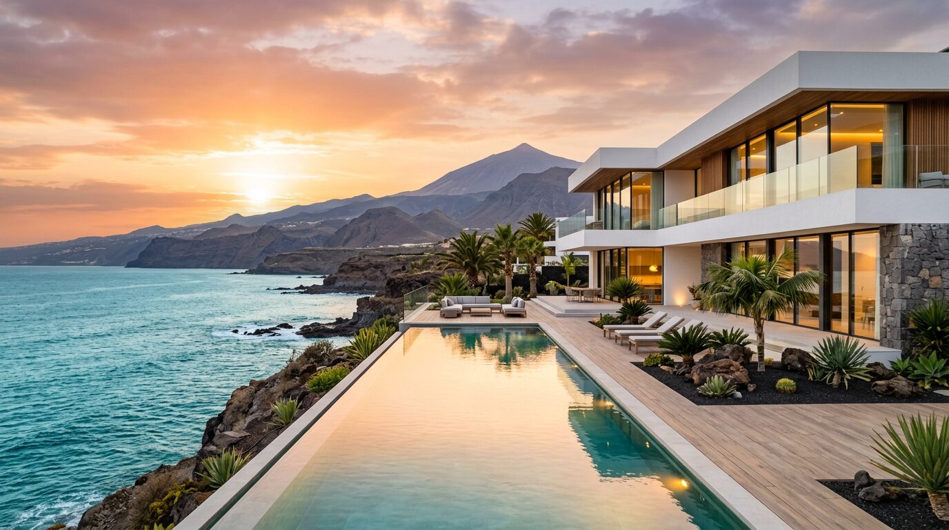 Villa contemporánea con piscina frente al océano al atardecer en Tenerife, con el Teide al fondo