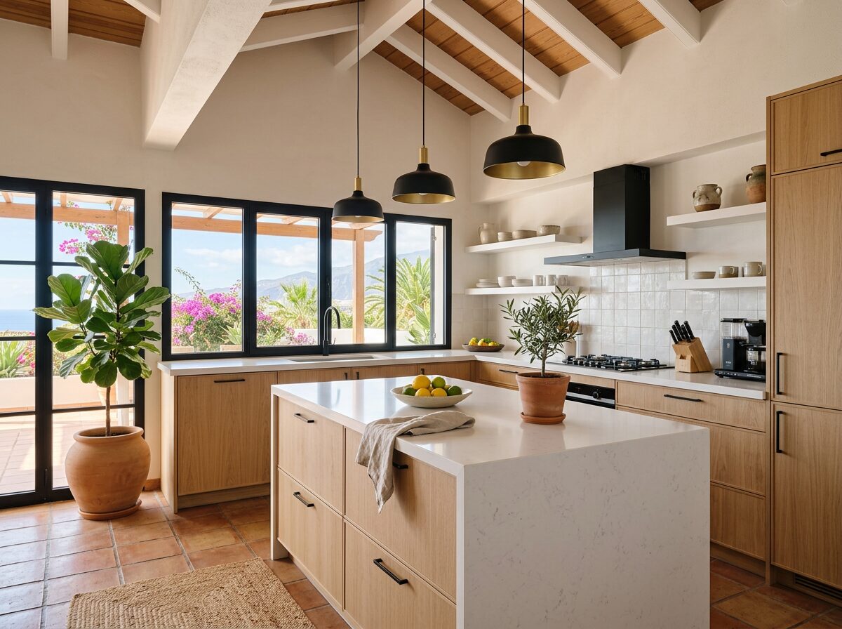 Cocina reformada con isla blanca, madera clara y luz natural