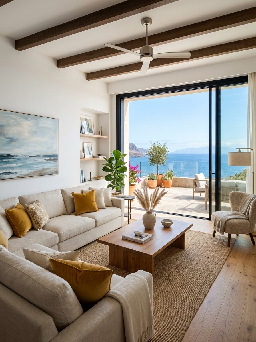 Salón luminoso de una vivienda canaria con terraza y vistas al mar